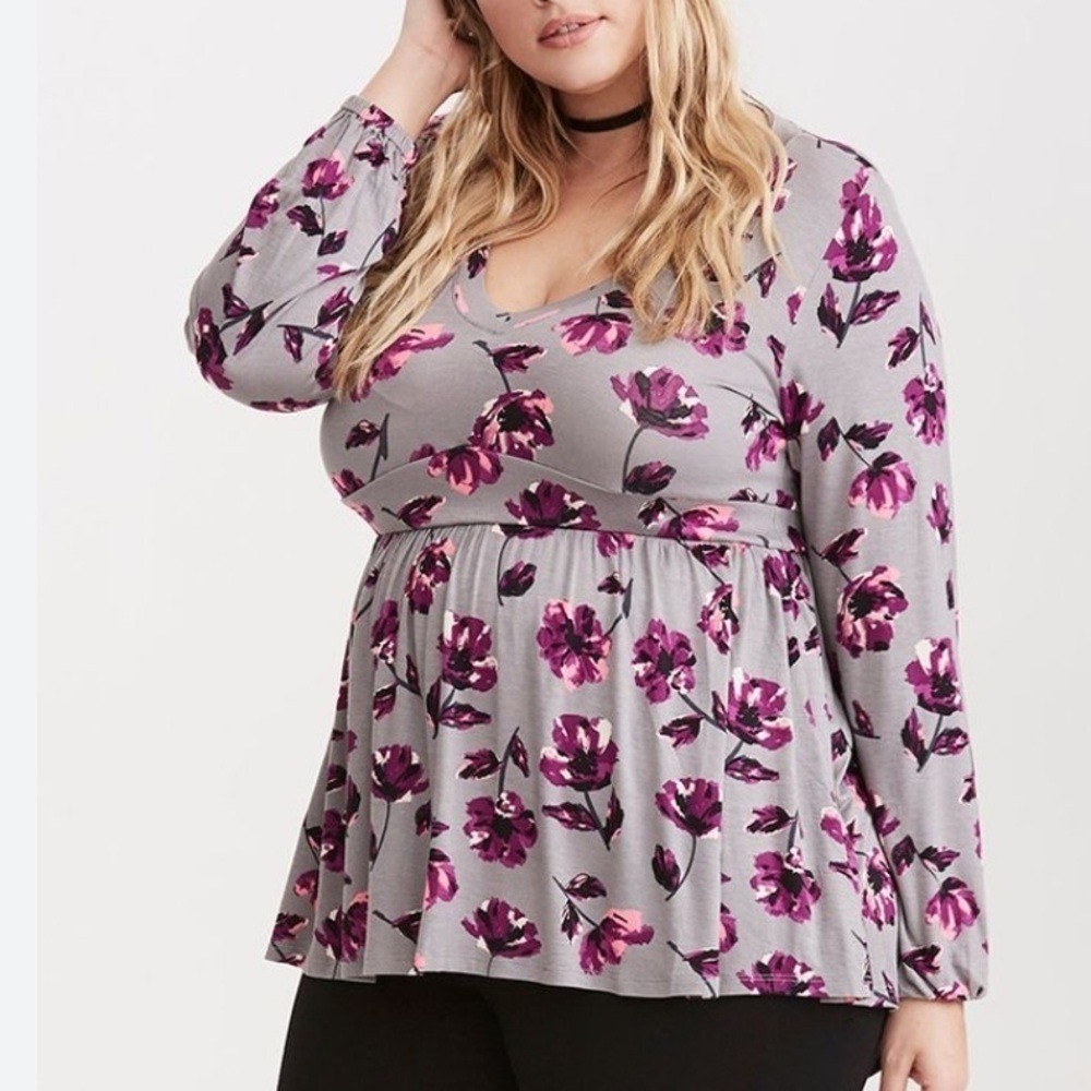 Torrid Purple Floral Blouse Long Sleeve Sz 2X Gray Super Soft Scoop